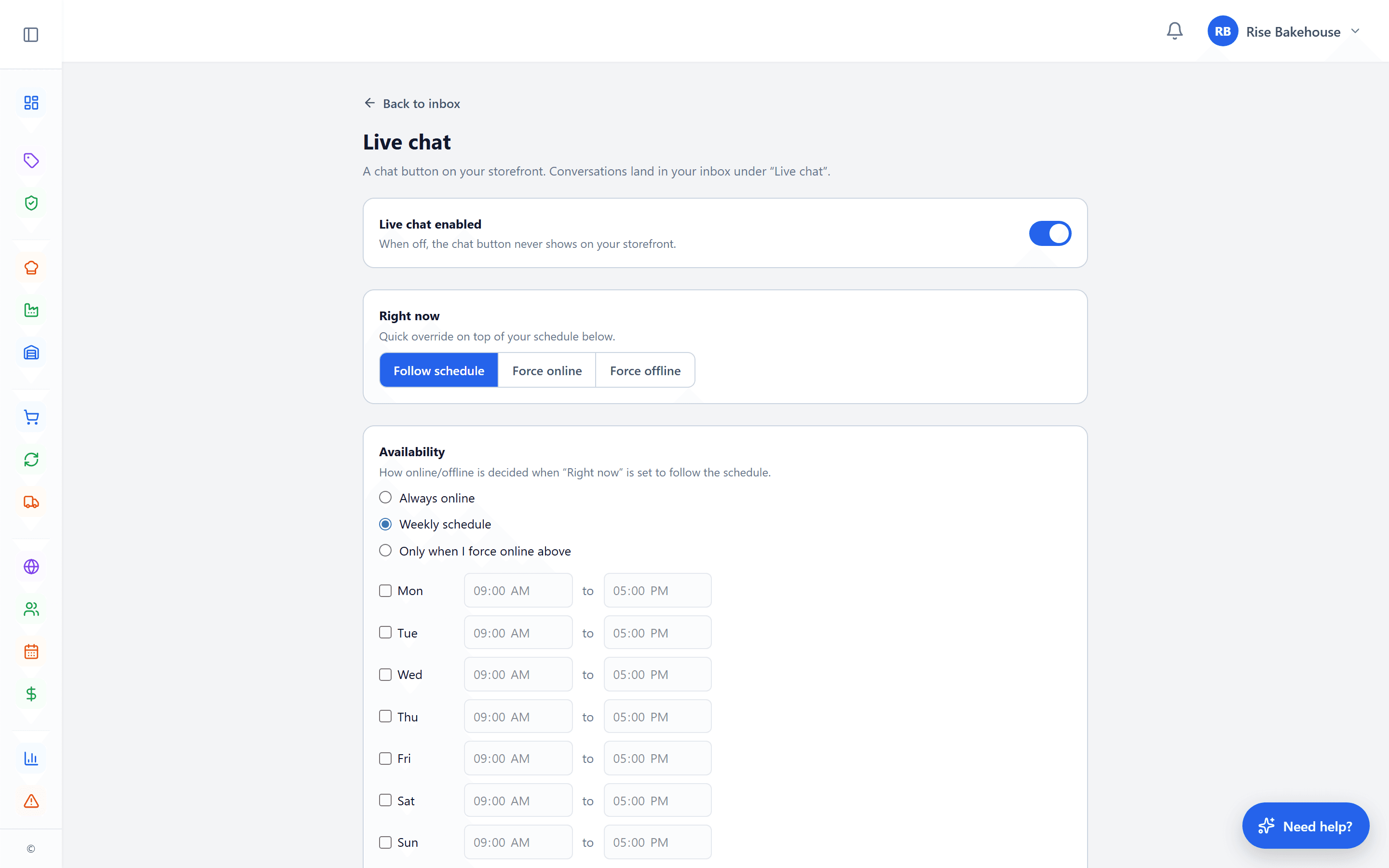 Live chat settings
