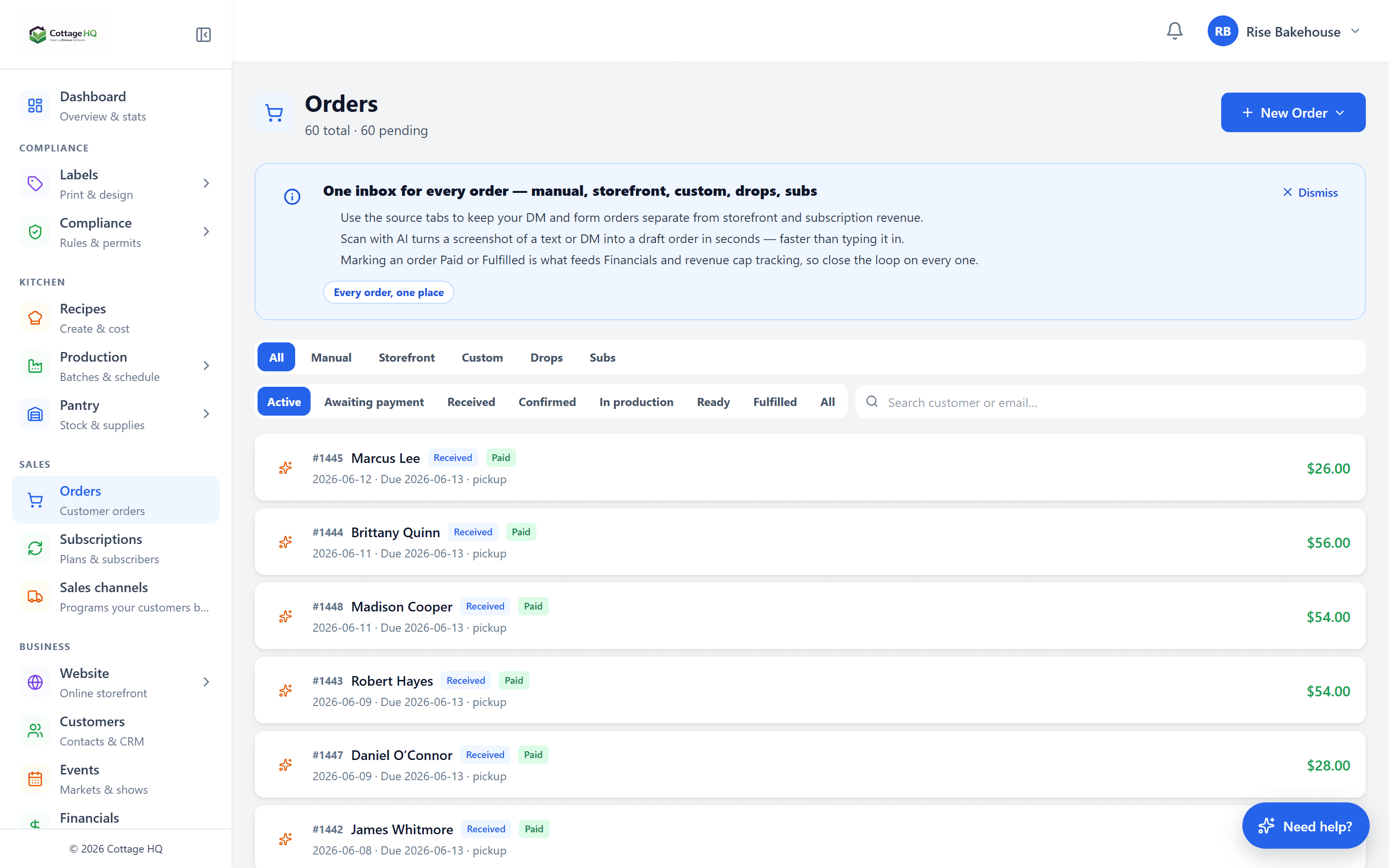 Orders inbox