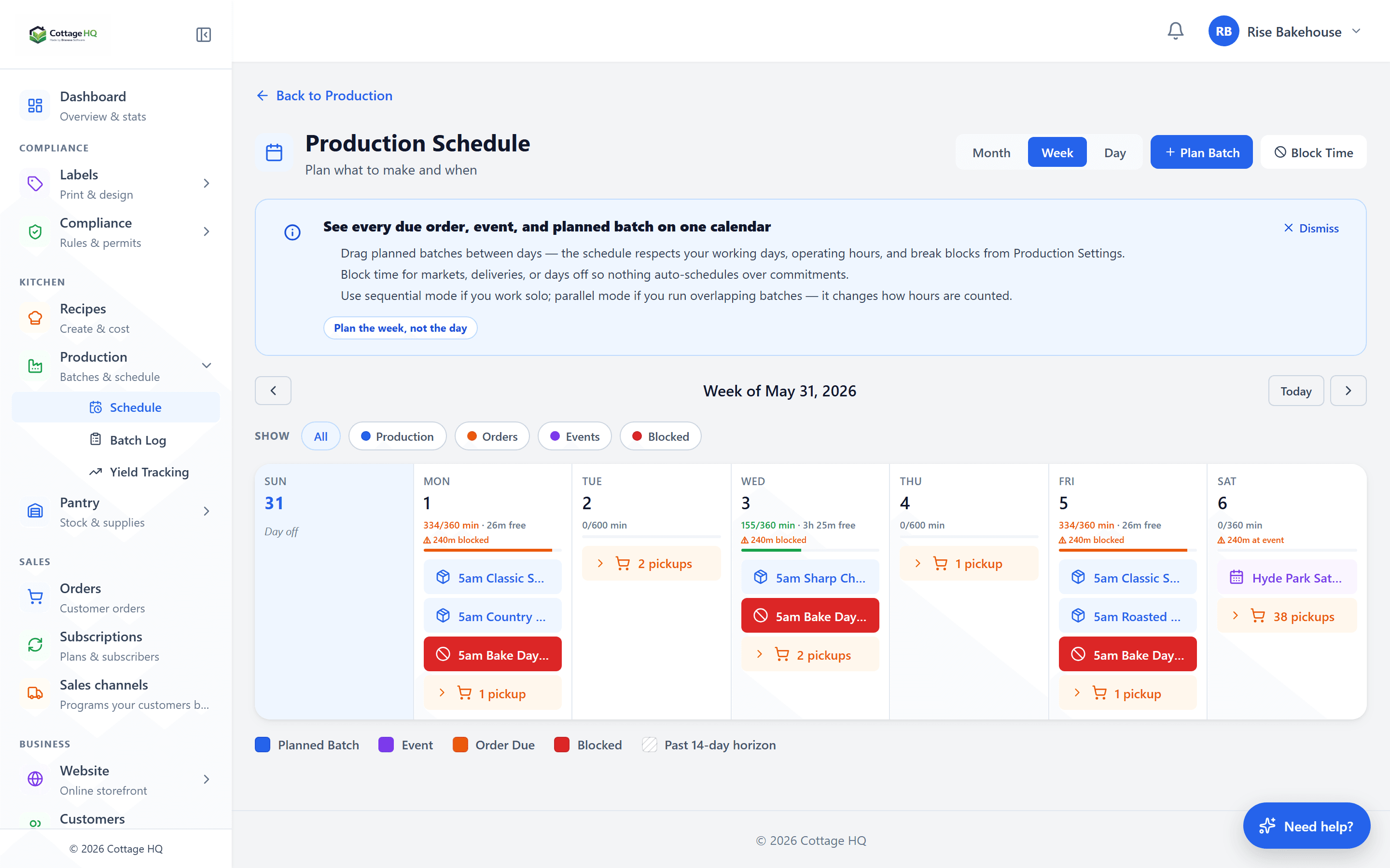 Production schedule calendar